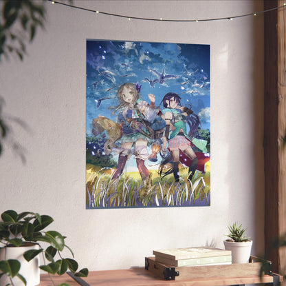 Atelier Firis The Alchemist and the Mysterious Journey Official Key Art unframed on a white wall above a desk