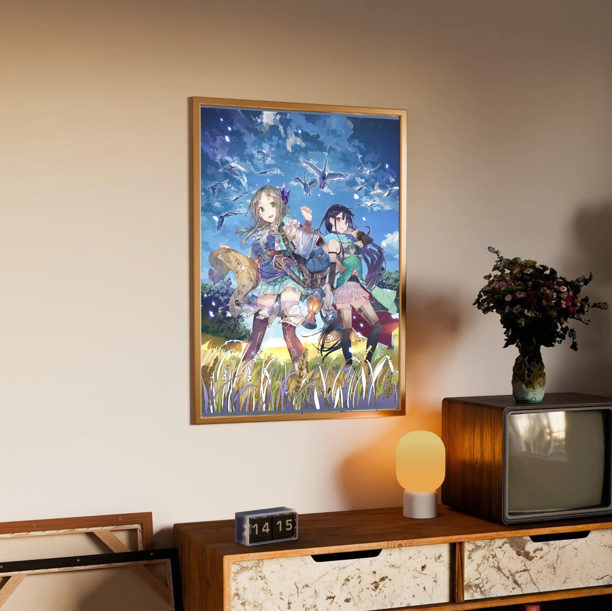 Atelier Firis The Alchemist and the Mysterious Journey Official Key Art in an oak frame above a sideboard