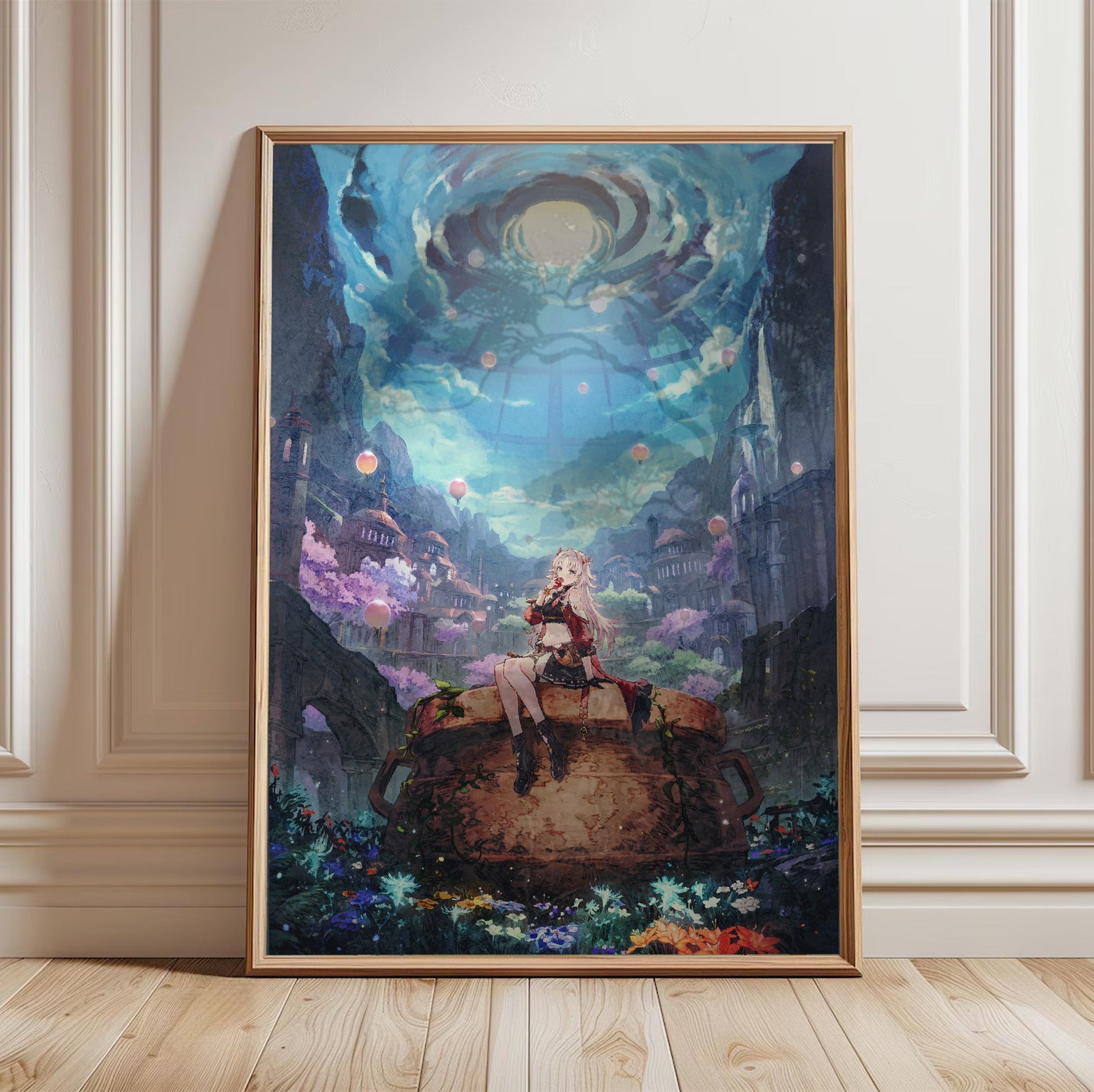 Atelier Karia The Night Kingdom and the Guide of Memories Official Key Art in a light oak frame leaning against a white wall