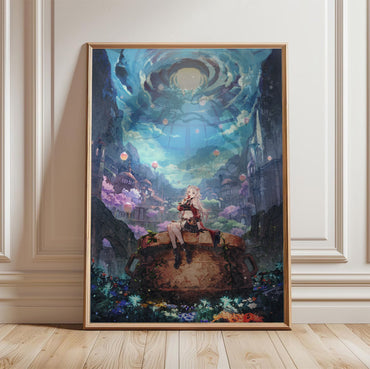 Atelier Karia The Night Kingdom and the Guide of Memories Official Key Art in a light oak frame leaning against a white wall