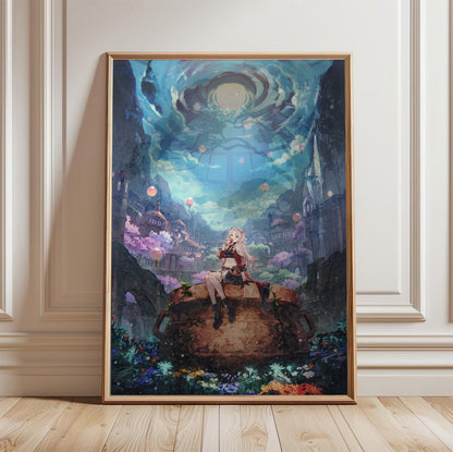 Atelier Karia The Night Kingdom and the Guide of Memories Official Key Art in a light oak frame leaning against a white wall