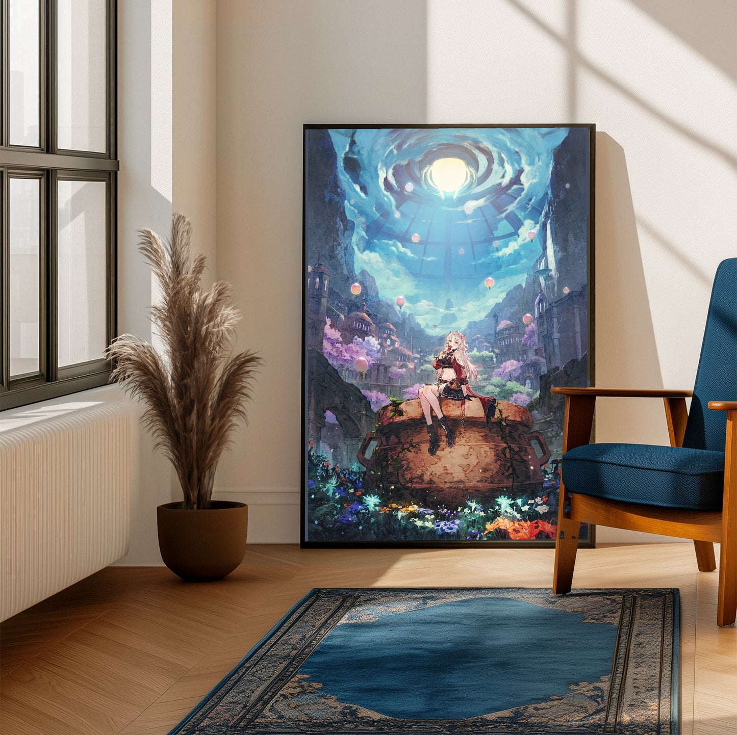 Atelier Karia The Night Kingdom and the Guide of Memories Official Key Art framed beside a blue armchair in a sunlit room