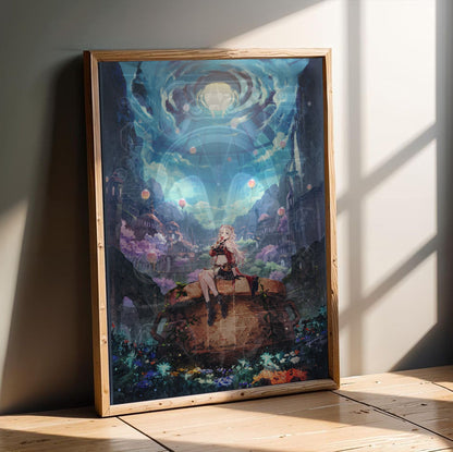 Atelier Karia The Night Kingdom and the Guide of Memories Official Key Art in an oak frame leaning on a wooden floor