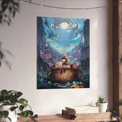 Atelier Karia The Night Kingdom and the Guide of Memories Official Key Art unframed on a white wall above a desk