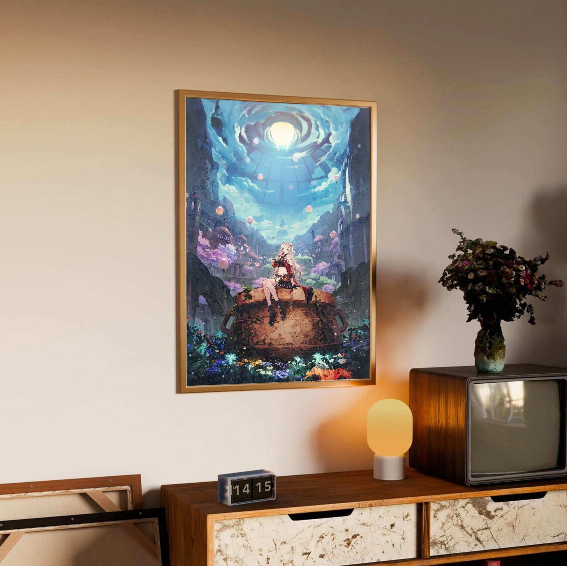 Atelier Karia The Night Kingdom and the Guide of Memories Official Key Art in an oak frame above a sideboard