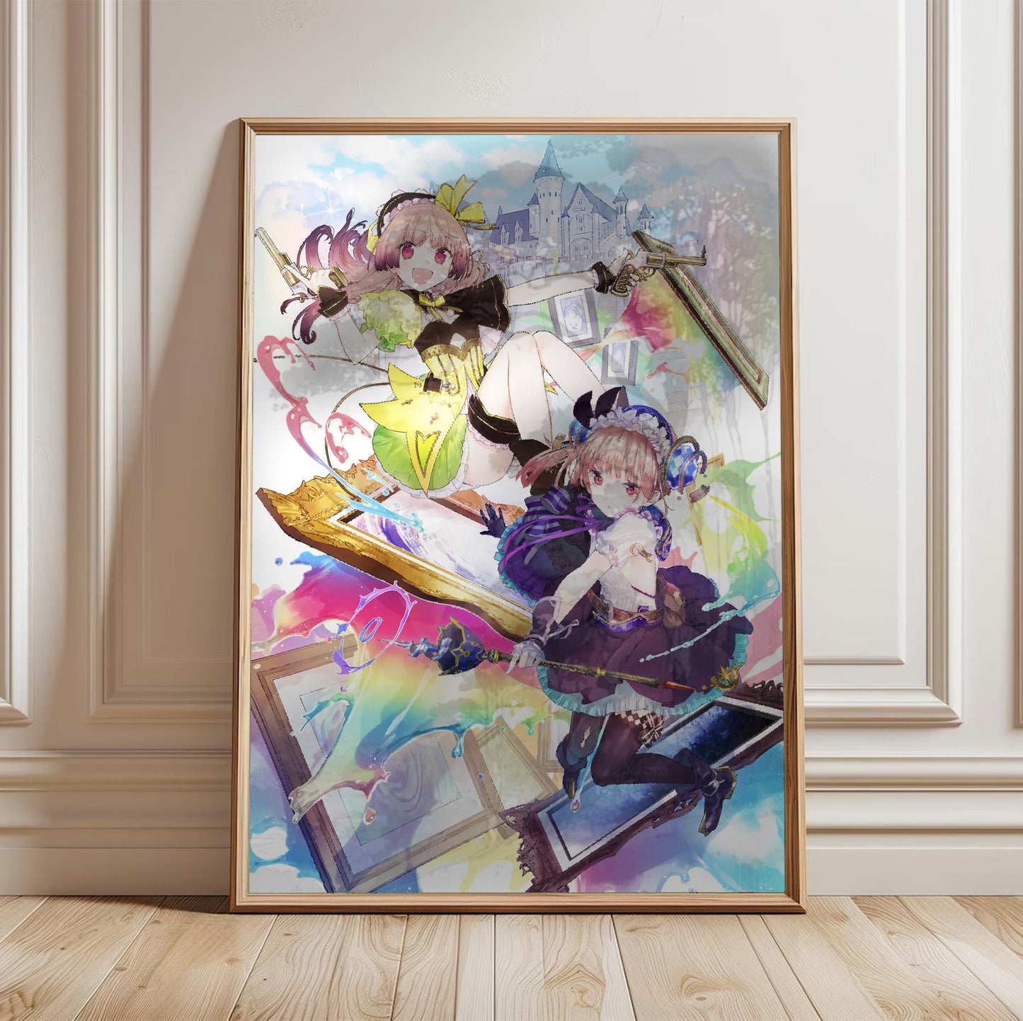 Atelier Lydie and Suelle The Alchemists and the Mysterious Paintings Official Key Art in a light oak frame leaning against a white wall