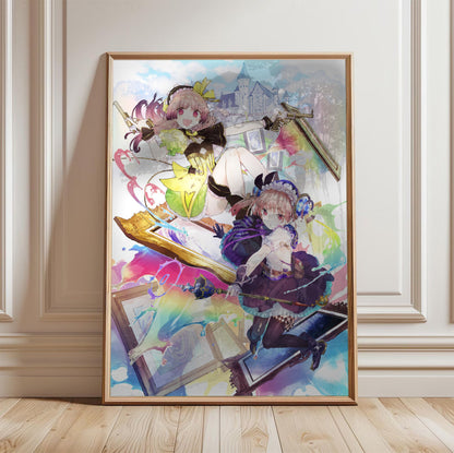 Atelier Lydie and Suelle The Alchemists and the Mysterious Paintings Official Key Art in a light oak frame leaning against a white wall