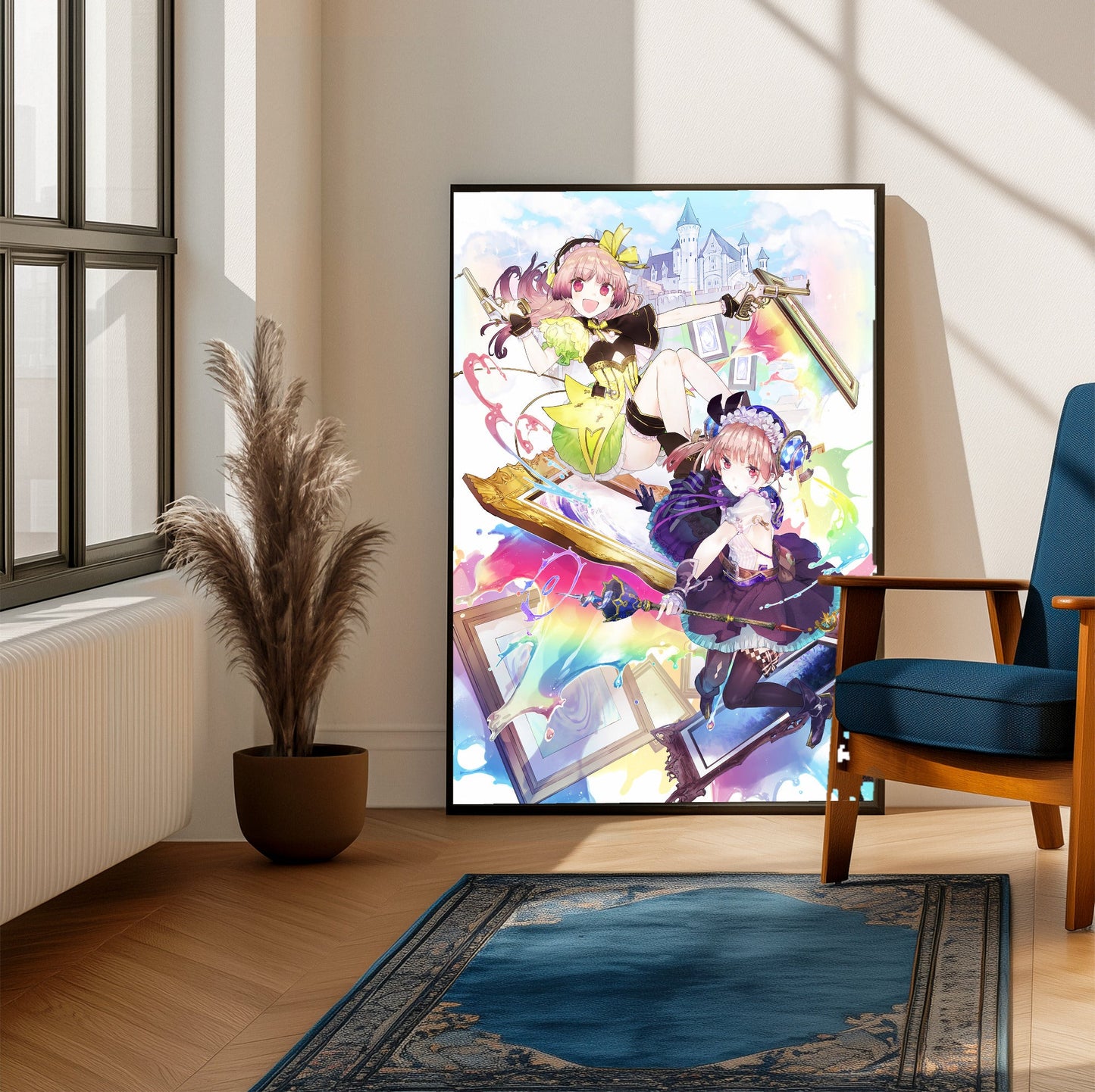 Atelier Lydie and Suelle The Alchemists and the Mysterious Paintings Official Key Art framed beside a blue armchair in a sunlit room