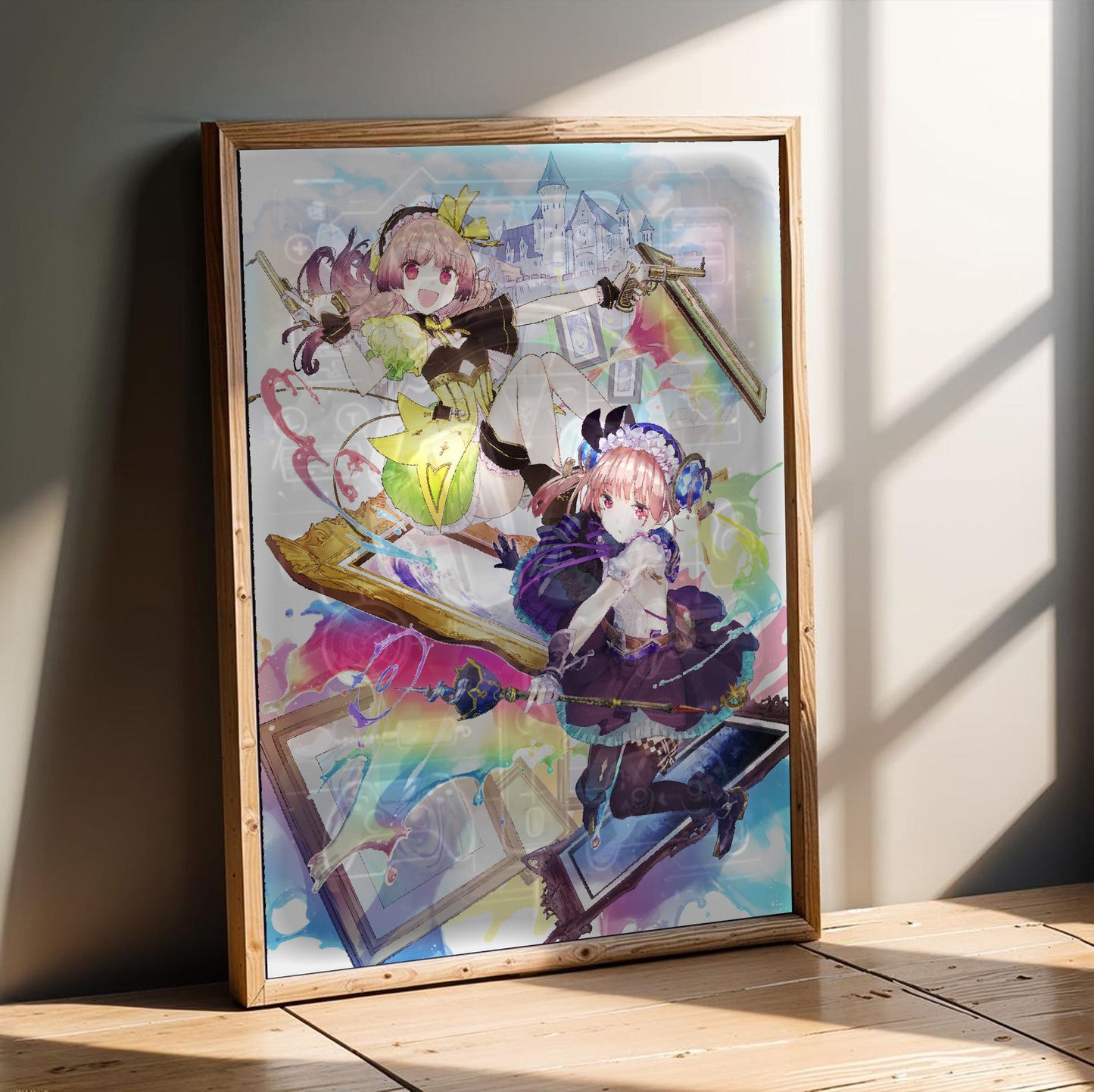 Atelier Lydie and Suelle The Alchemists and the Mysterious Paintings Official Key Art in an oak frame leaning on a wooden floor