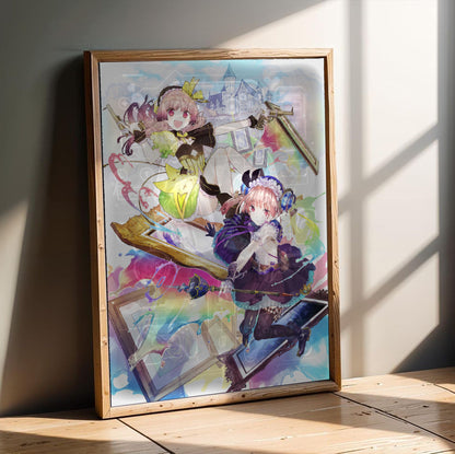 Atelier Lydie and Suelle The Alchemists and the Mysterious Paintings Official Key Art in an oak frame leaning on a wooden floor