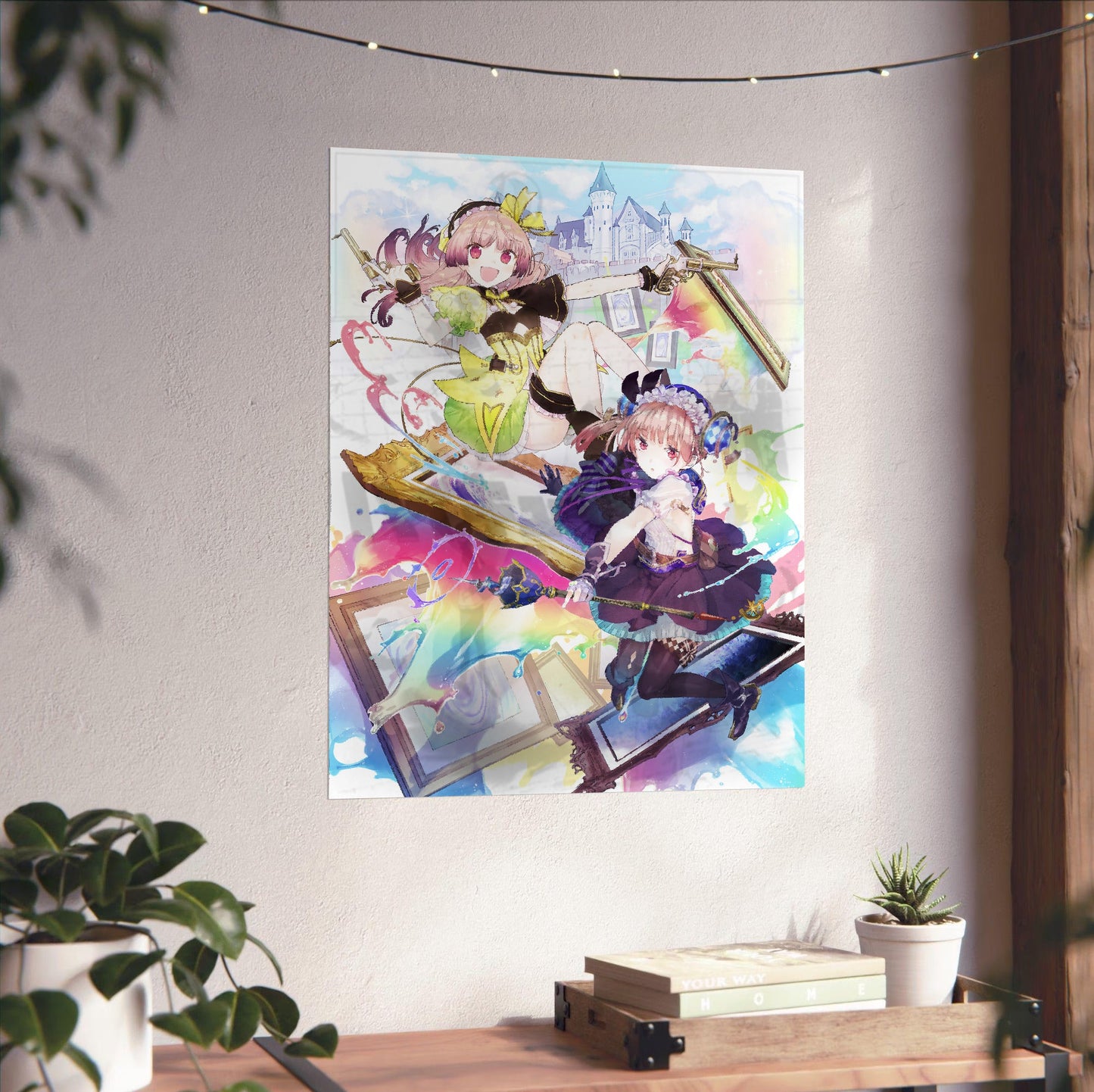 Atelier Lydie and Suelle The Alchemists and the Mysterious Paintings Official Key Art unframed on a white wall above a desk
