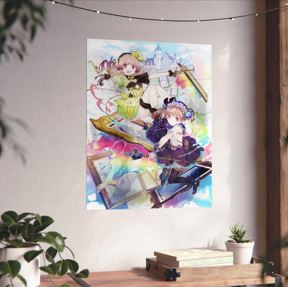 Atelier Lydie and Suelle The Alchemists and the Mysterious Paintings Official Key Art unframed on a white wall above a desk