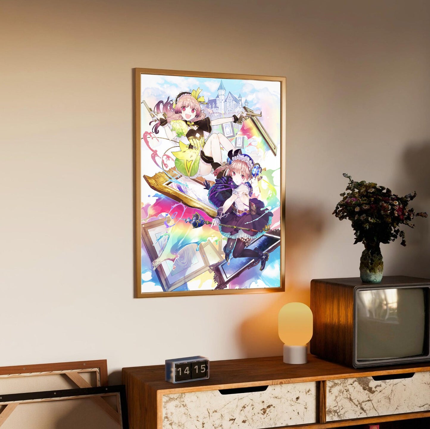 Atelier Lydie and Suelle The Alchemists and the Mysterious Paintings Official Key Art in an oak frame above a sideboard