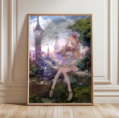 Atelier Meruru The Apprentice of Arland Cover Art by Mel Kishida in a light oak frame leaning against a white wall
