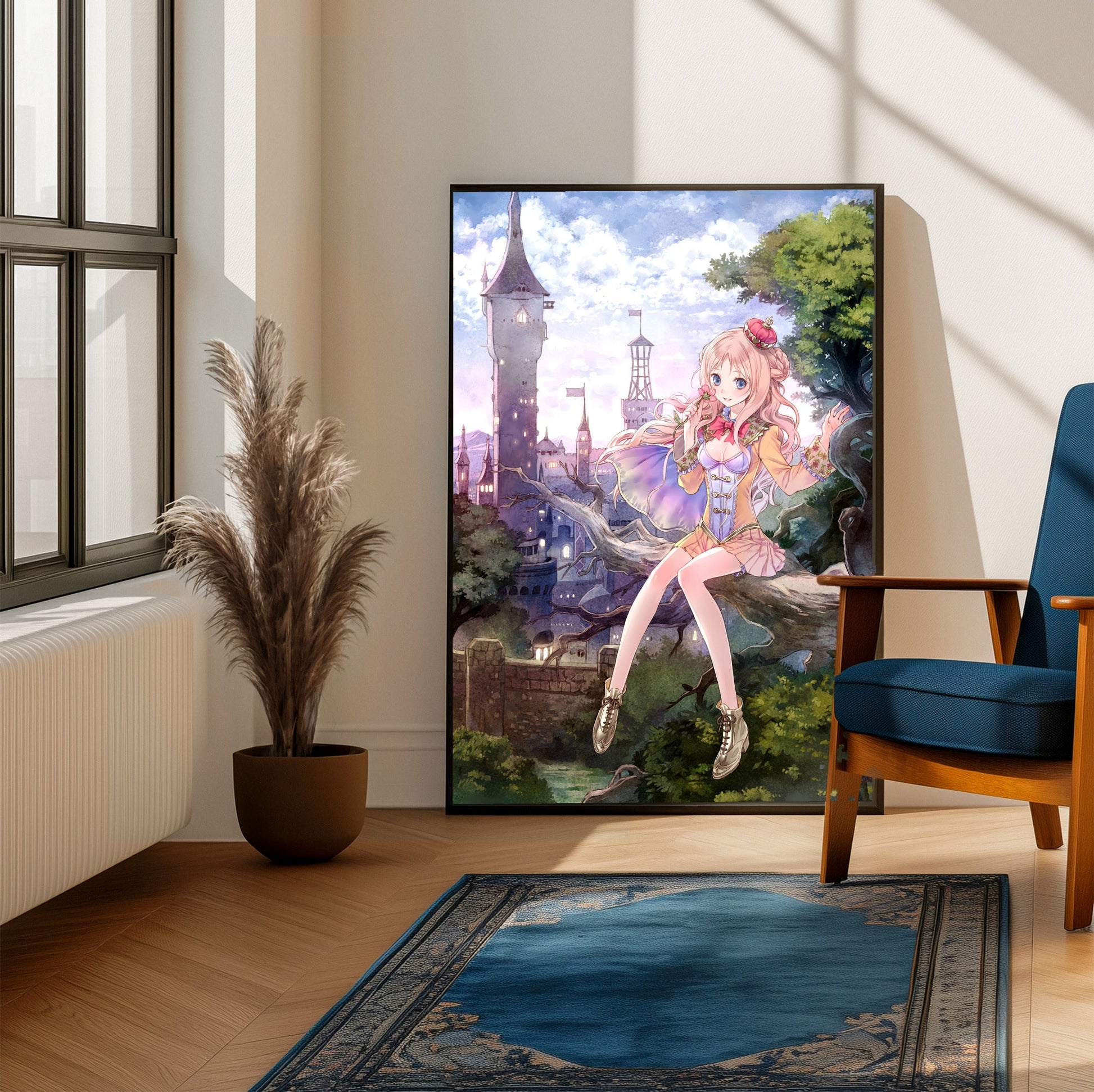 Atelier Meruru The Apprentice of Arland Cover Art by Mel Kishida framed beside a blue armchair in a sunlit room