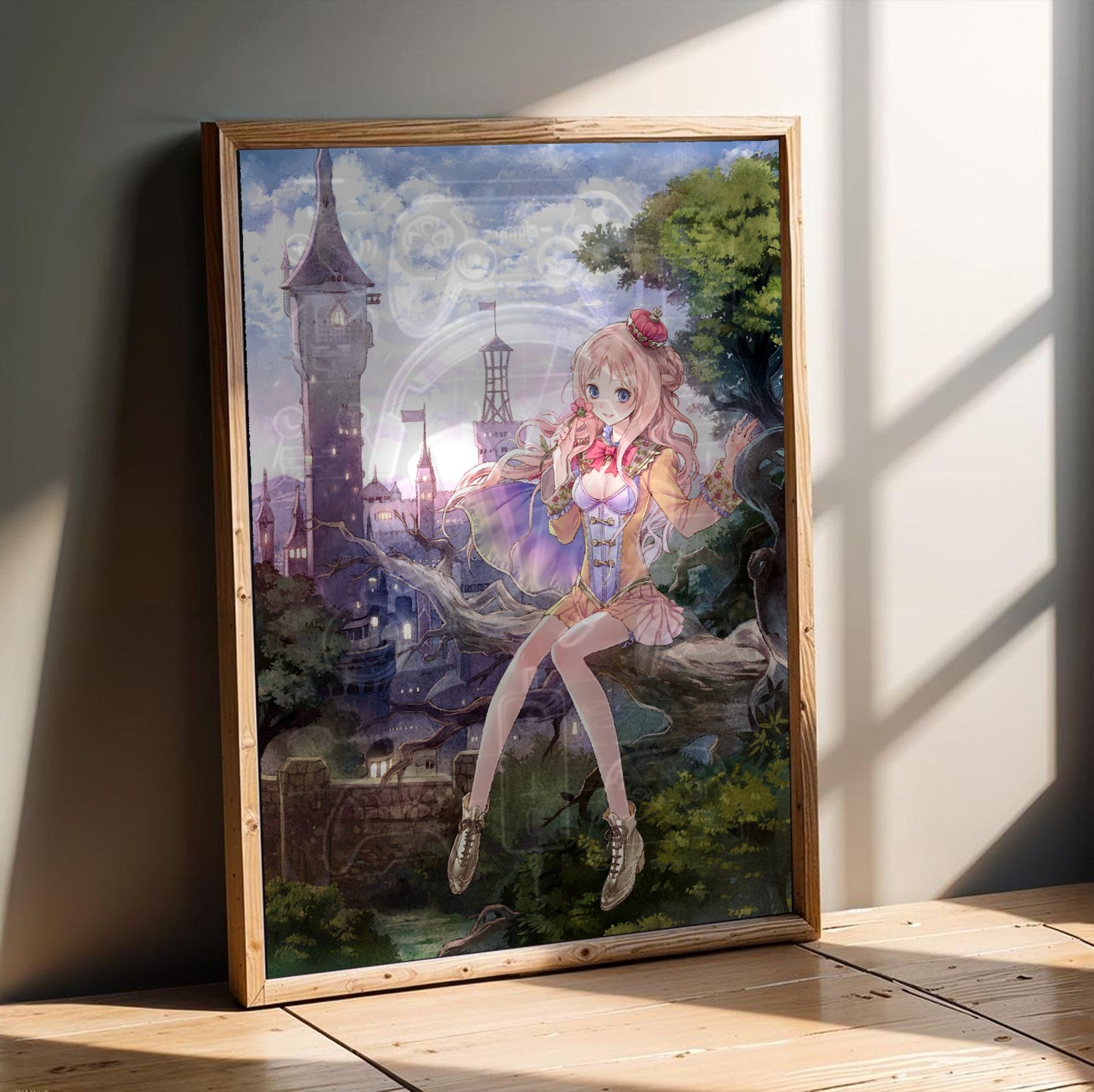 Atelier Meruru The Apprentice of Arland Cover Art by Mel Kishida in an oak frame leaning on a wooden floor