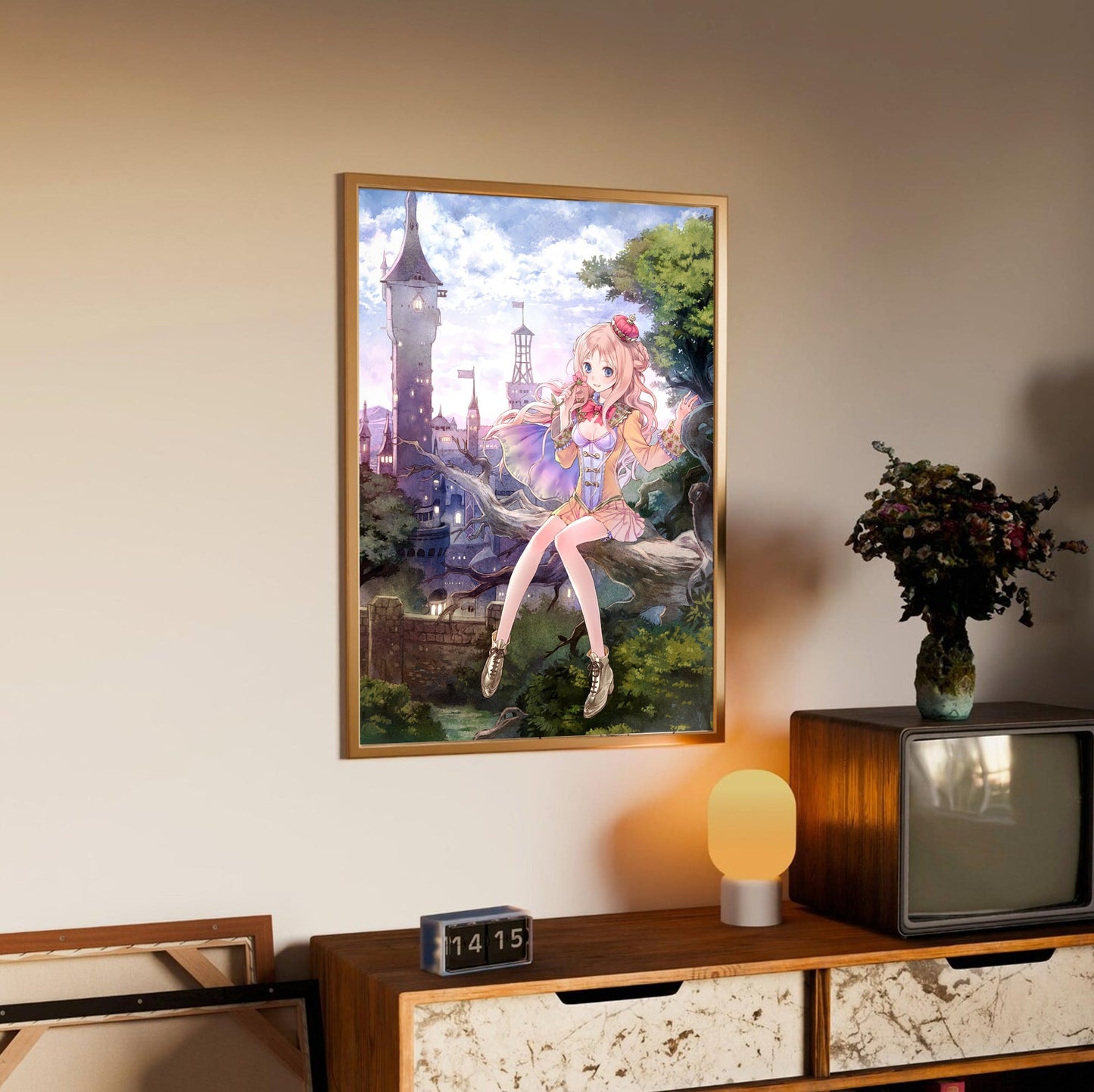 Atelier Meruru The Apprentice of Arland Cover Art by Mel Kishida in an oak frame above a sideboard