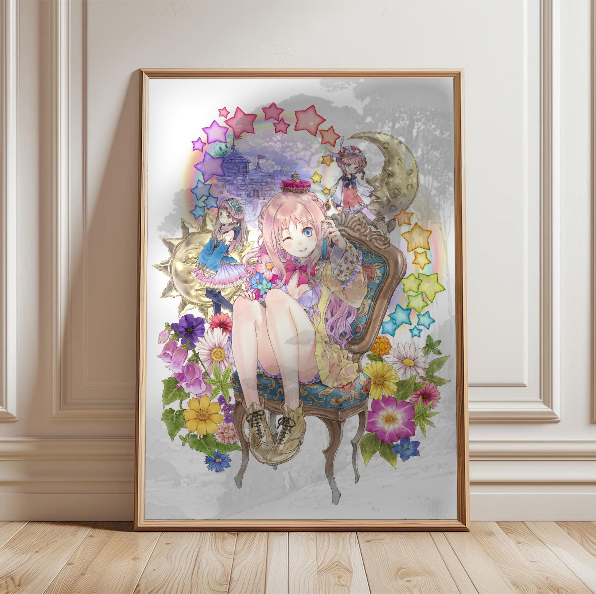 Atelier Meruru The Apprentice of Arland Merurulince Art by Mel Kishida in a light oak frame leaning against a white wall