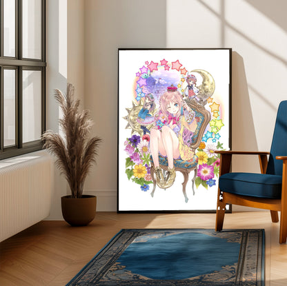 Atelier Meruru The Apprentice of Arland Merurulince Art by Mel Kishida framed beside a blue armchair in a sunlit room