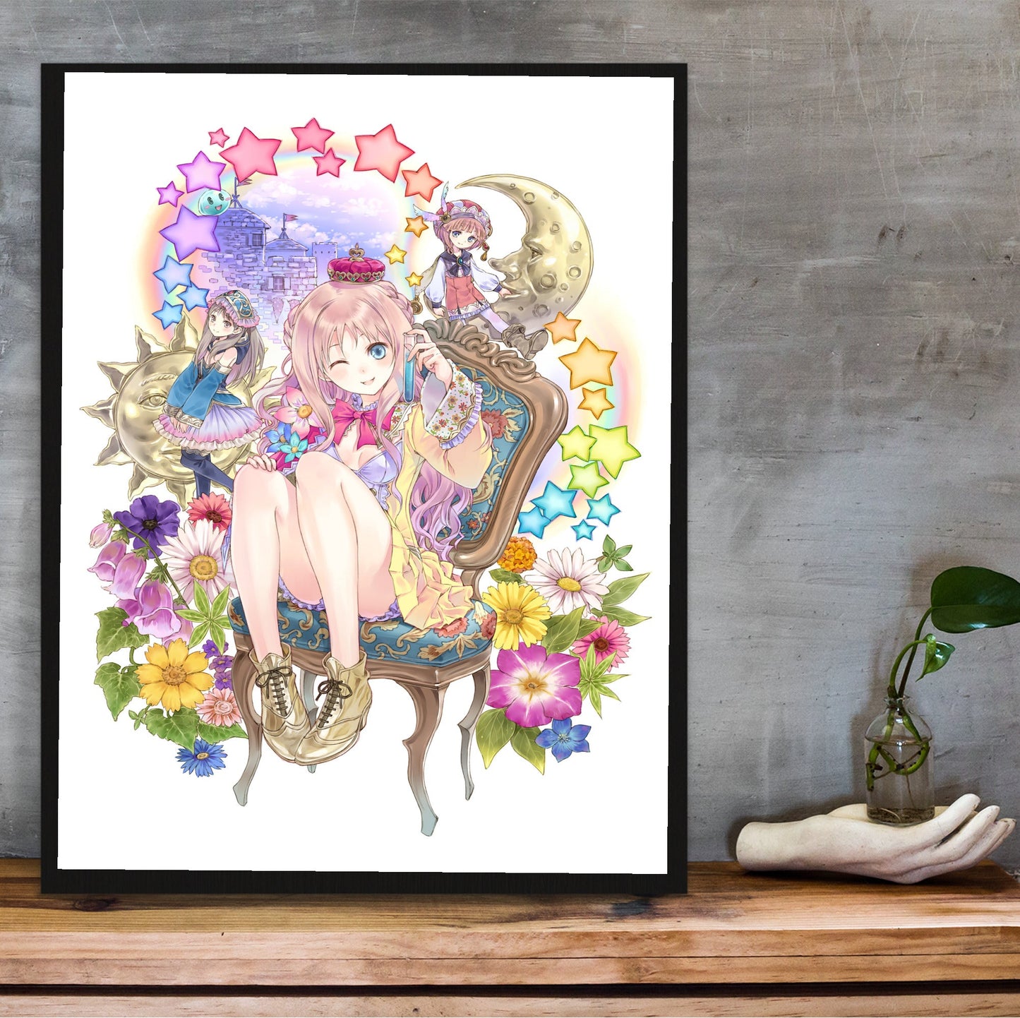 Atelier Meruru The Apprentice of Arland Merurulince Art by Mel Kishida in a black frame on a wooden shelf against concrete