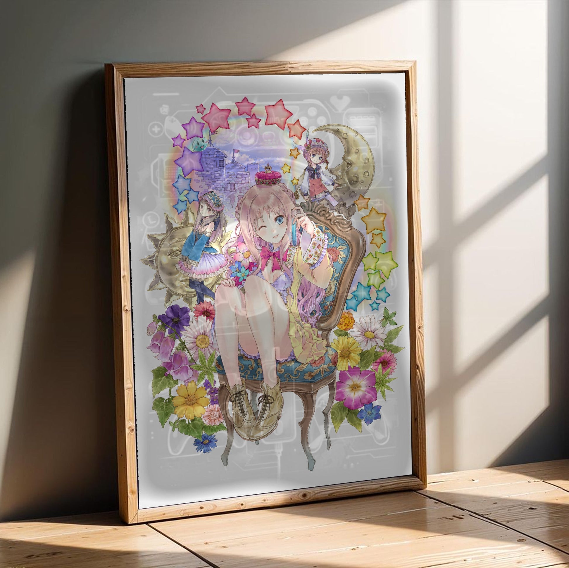 Atelier Meruru The Apprentice of Arland Merurulince Art by Mel Kishida in an oak frame leaning on a wooden floor