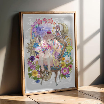 Atelier Meruru The Apprentice of Arland Merurulince Art by Mel Kishida in an oak frame leaning on a wooden floor