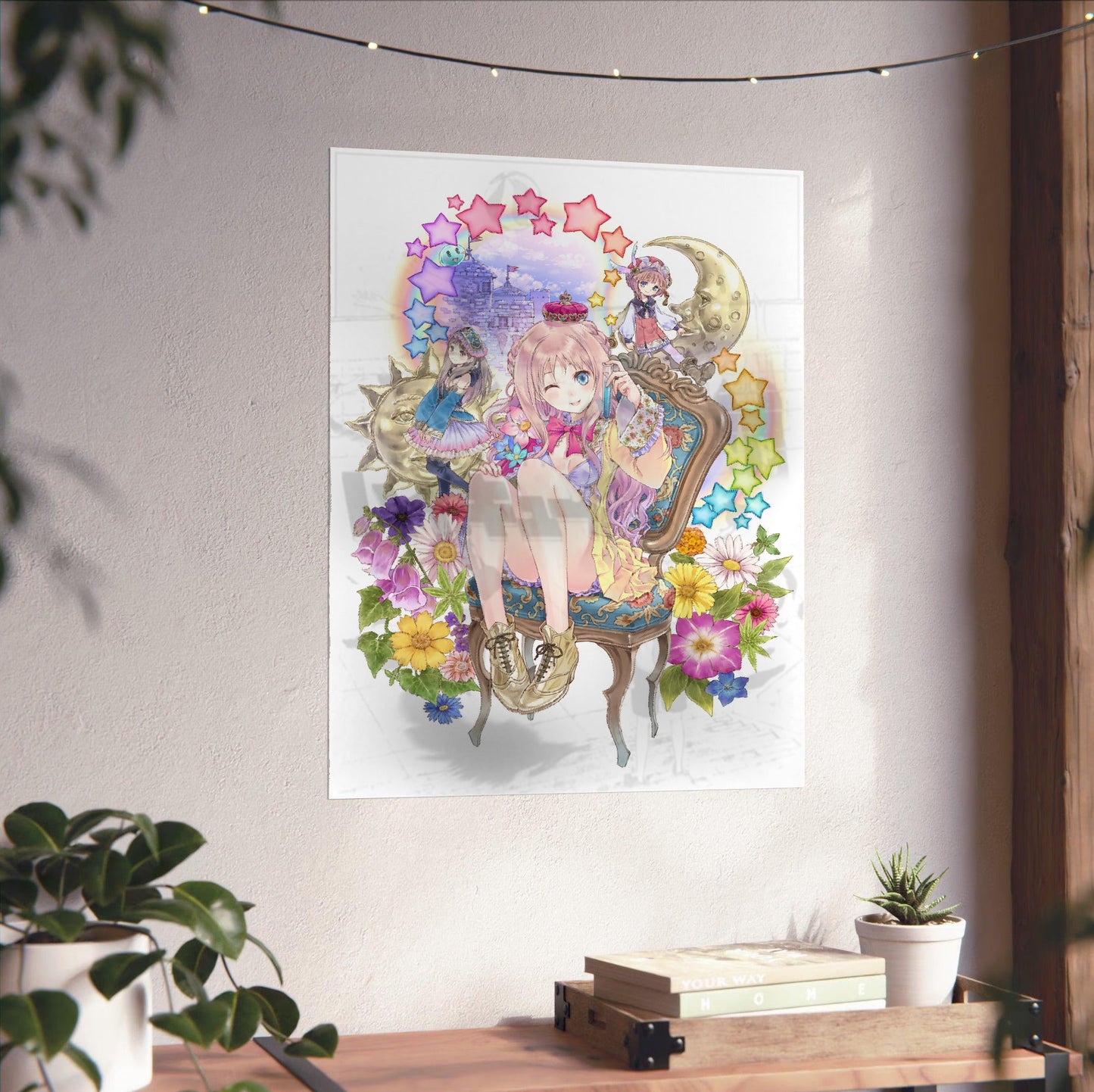 Atelier Meruru The Apprentice of Arland Merurulince Art by Mel Kishida unframed on a white wall above a desk