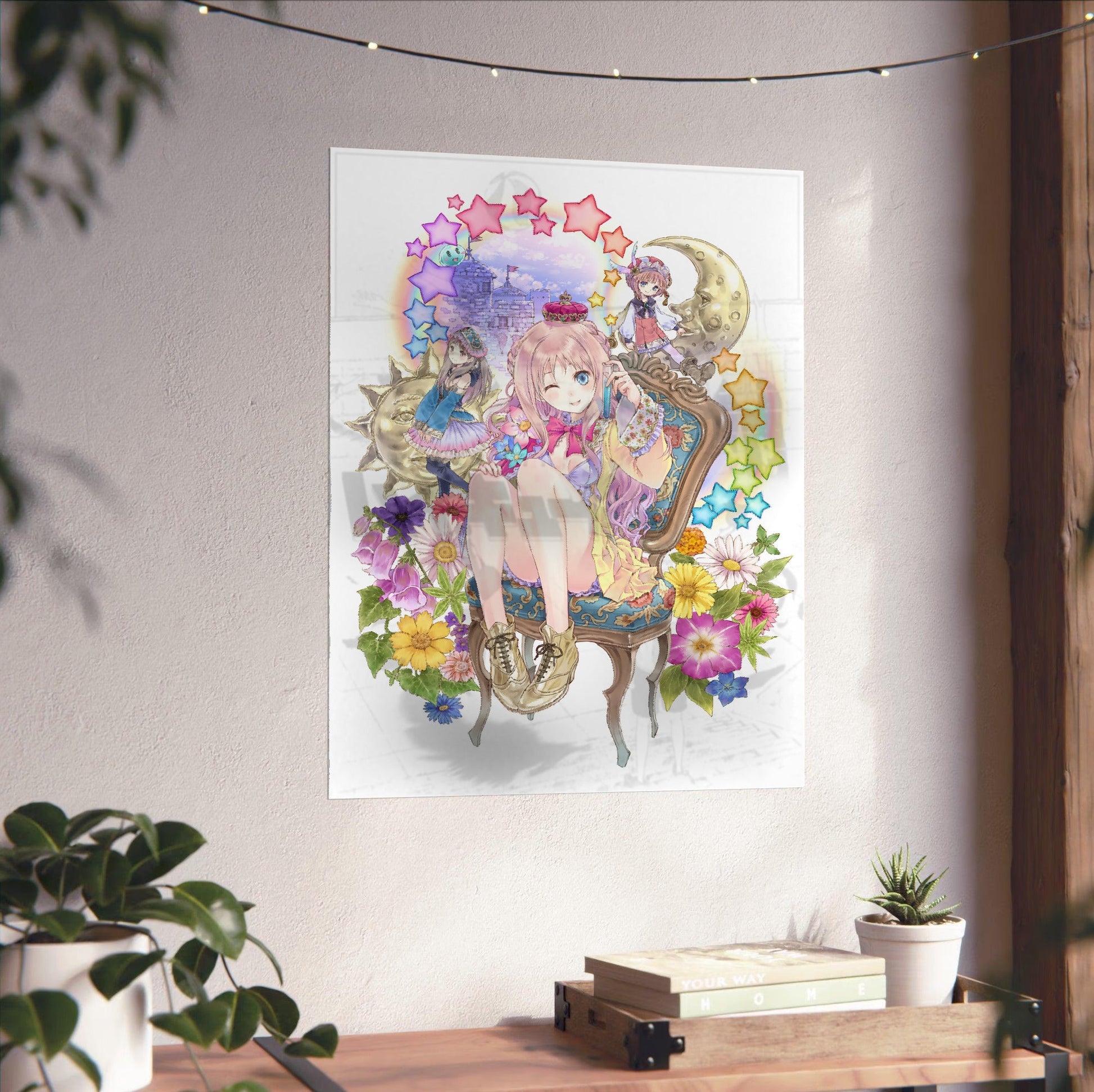 Atelier Meruru The Apprentice of Arland Merurulince Art by Mel Kishida unframed on a white wall above a desk