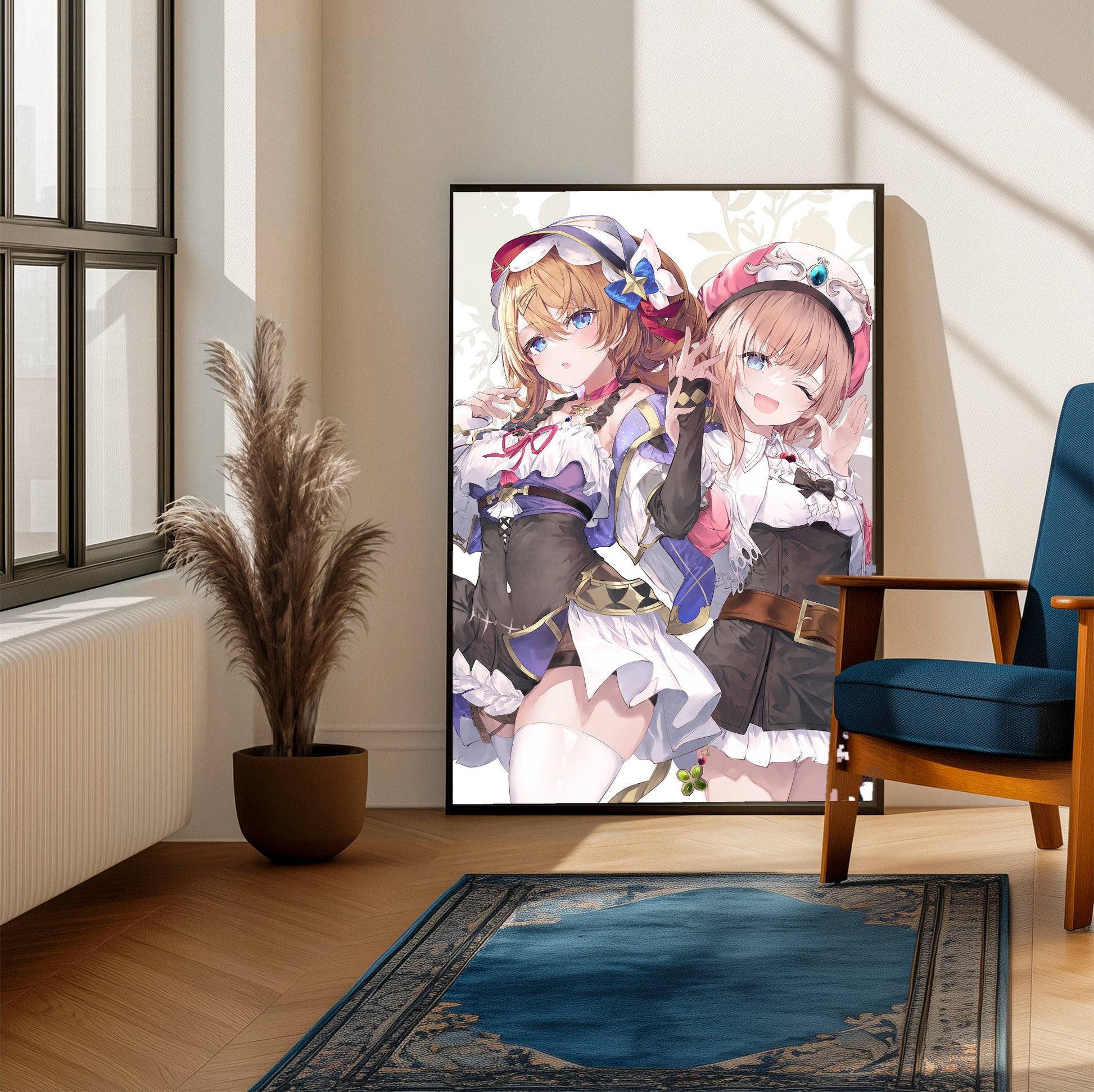 Atelier Resleriana Resna and Rorona by fal_maro framed beside a blue armchair in a sunlit room