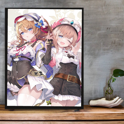 Atelier Resleriana Resna and Rorona by fal_maro in a black frame on a wooden shelf against concrete