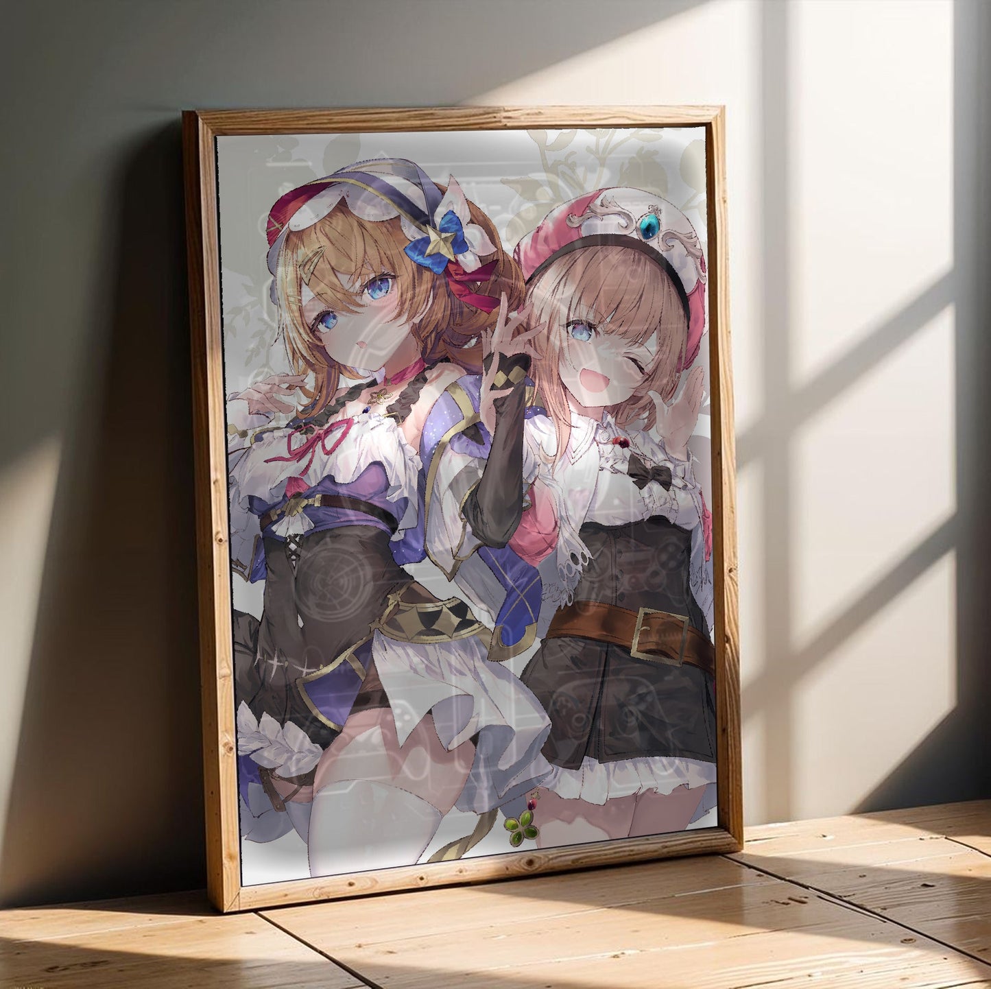 Atelier Resleriana Resna and Rorona by fal_maro in an oak frame leaning on a wooden floor