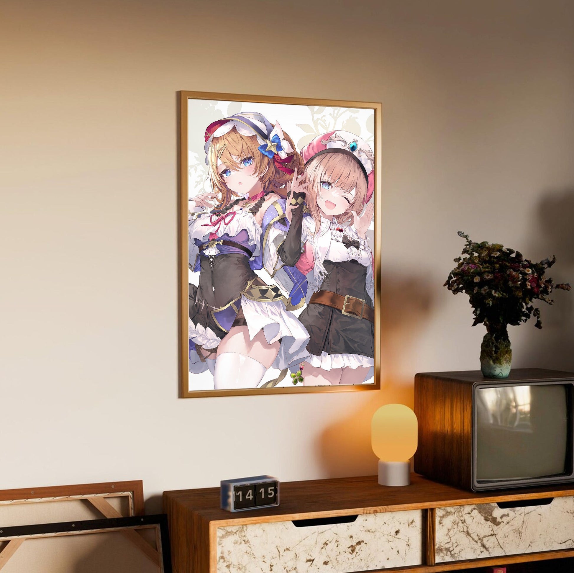 Atelier Resleriana Resna and Rorona by fal_maro in an oak frame above a sideboard