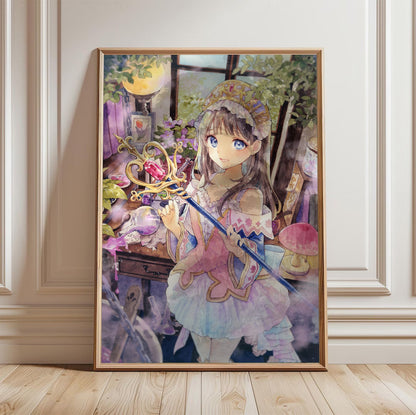 Atelier Resleriana The Red Alchemist and the White Guardian Illustration 10 in a light oak frame leaning against a white wall