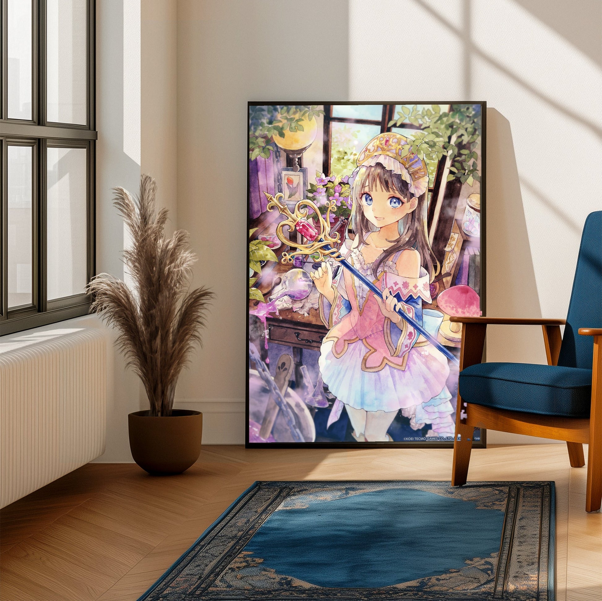 Atelier Resleriana The Red Alchemist and the White Guardian Illustration 10 framed beside a blue armchair in a sunlit room