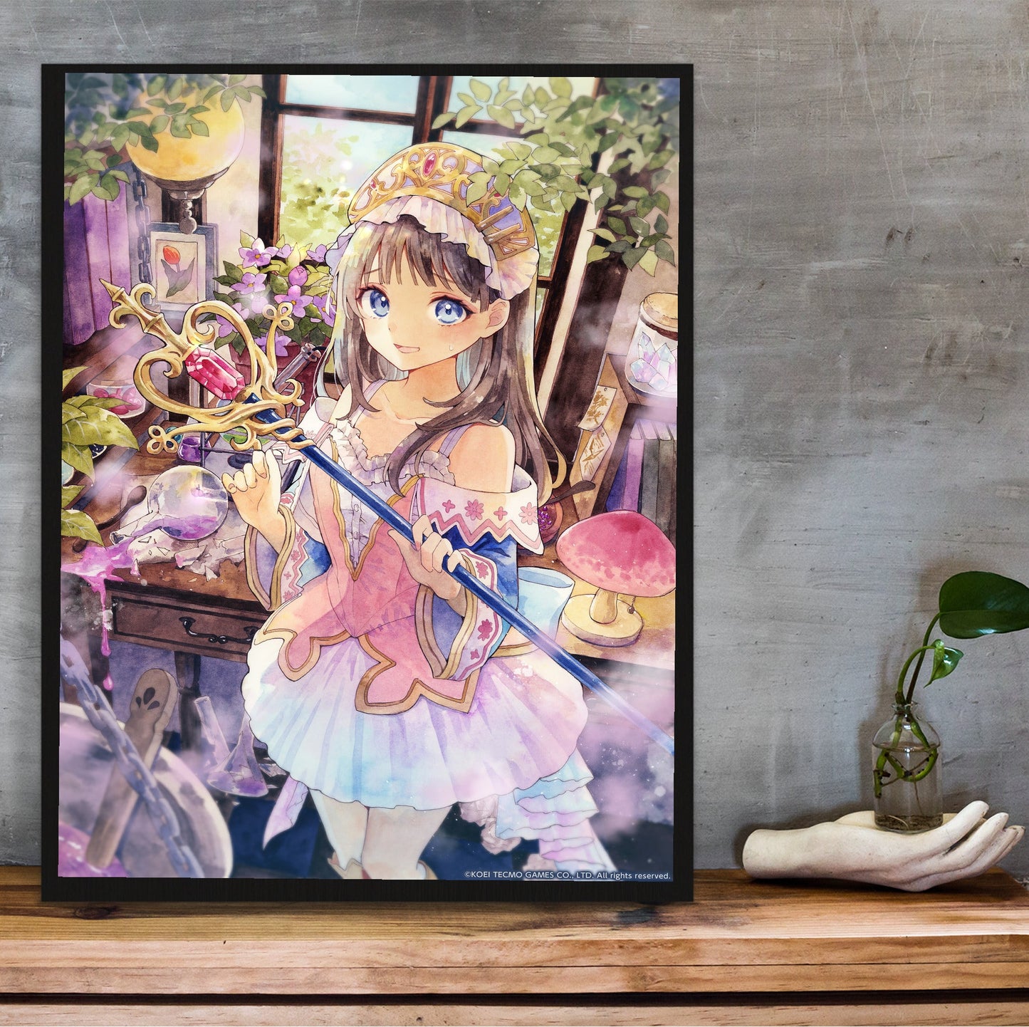 Atelier Resleriana The Red Alchemist and the White Guardian Illustration 10 in a black frame on a wooden shelf against concrete