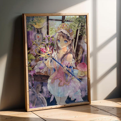 Atelier Resleriana The Red Alchemist and the White Guardian Illustration 10 in an oak frame leaning on a wooden floor