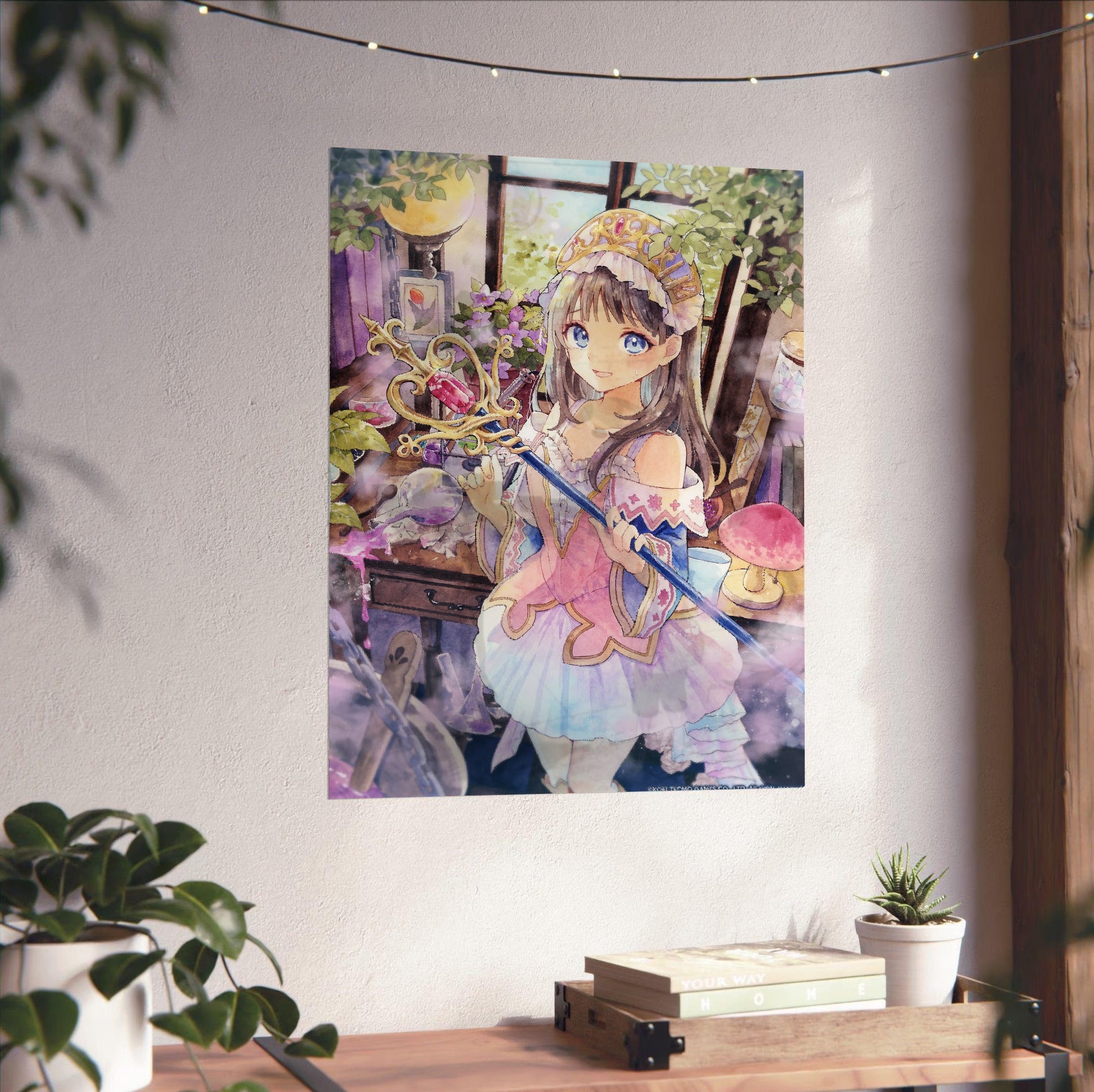 Atelier Resleriana The Red Alchemist and the White Guardian Illustration 10 unframed on a white wall above a desk