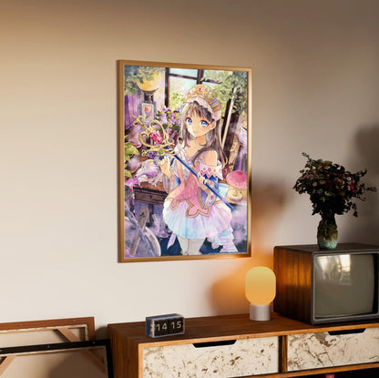 Atelier Resleriana The Red Alchemist and the White Guardian Illustration 10 in an oak frame above a sideboard