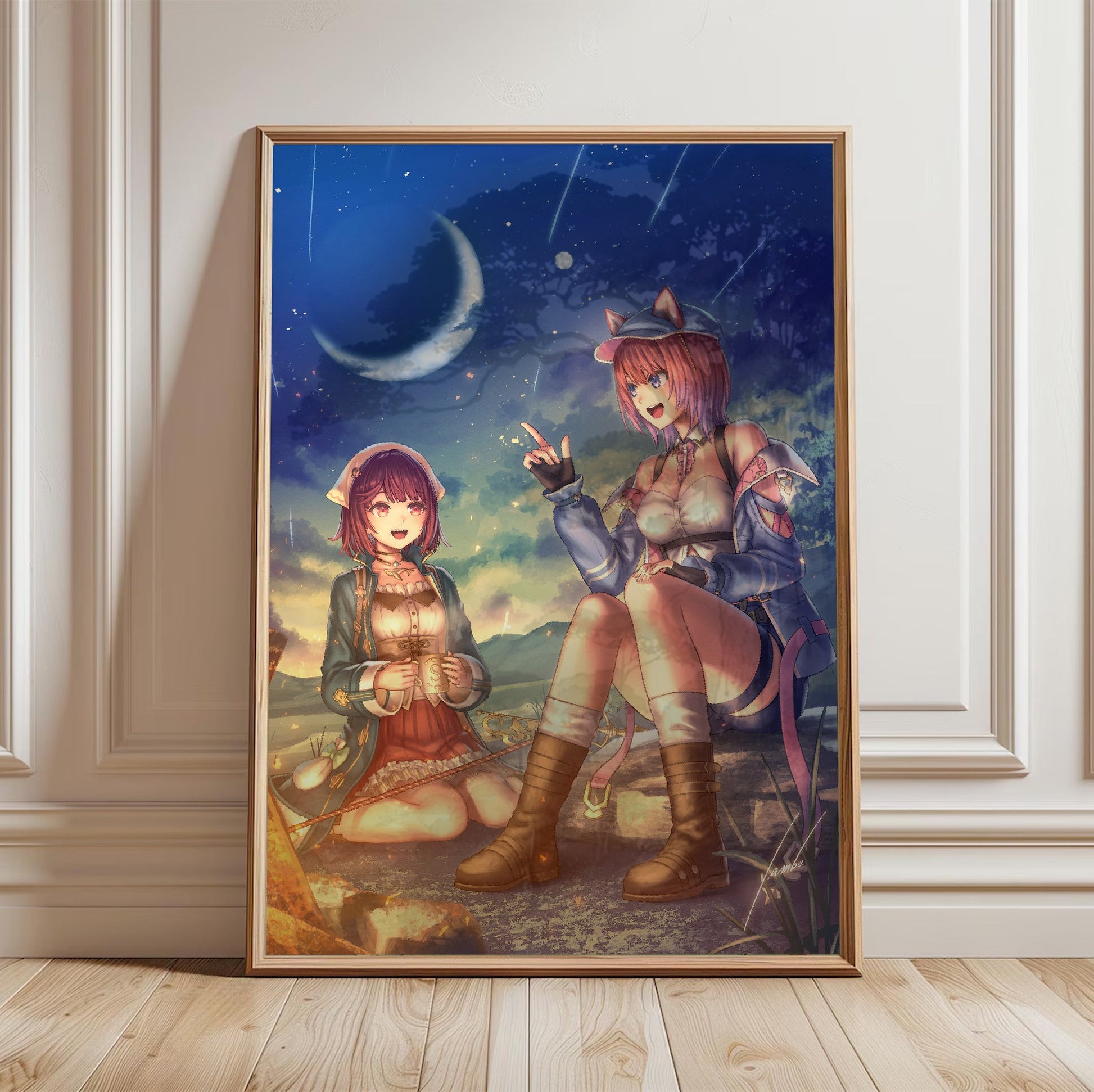 Atelier Resleriana The Red Alchemist and the White Guardian Illustration 7 in a light oak frame leaning against a white wall
