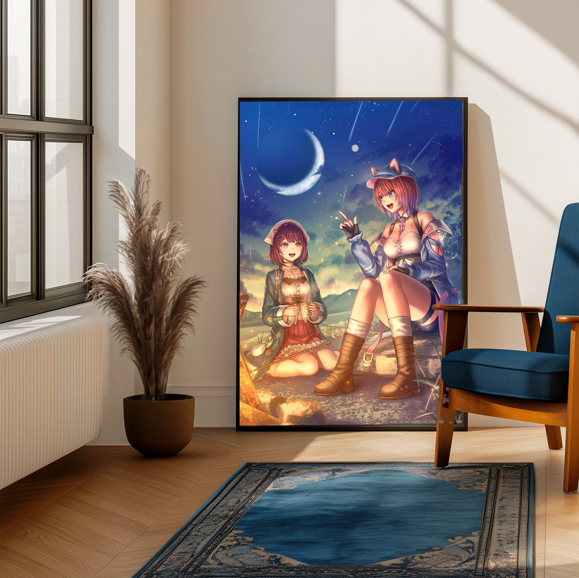 Atelier Resleriana The Red Alchemist and the White Guardian Illustration 7 framed beside a blue armchair in a sunlit room