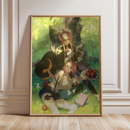 Atelier Resleriana The Red Alchemist and the White Guardian Illustration 8 in a light oak frame leaning against a white wall
