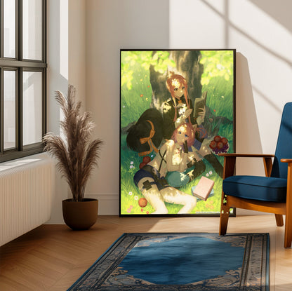 Atelier Resleriana The Red Alchemist and the White Guardian Illustration 8 framed beside a blue armchair in a sunlit room