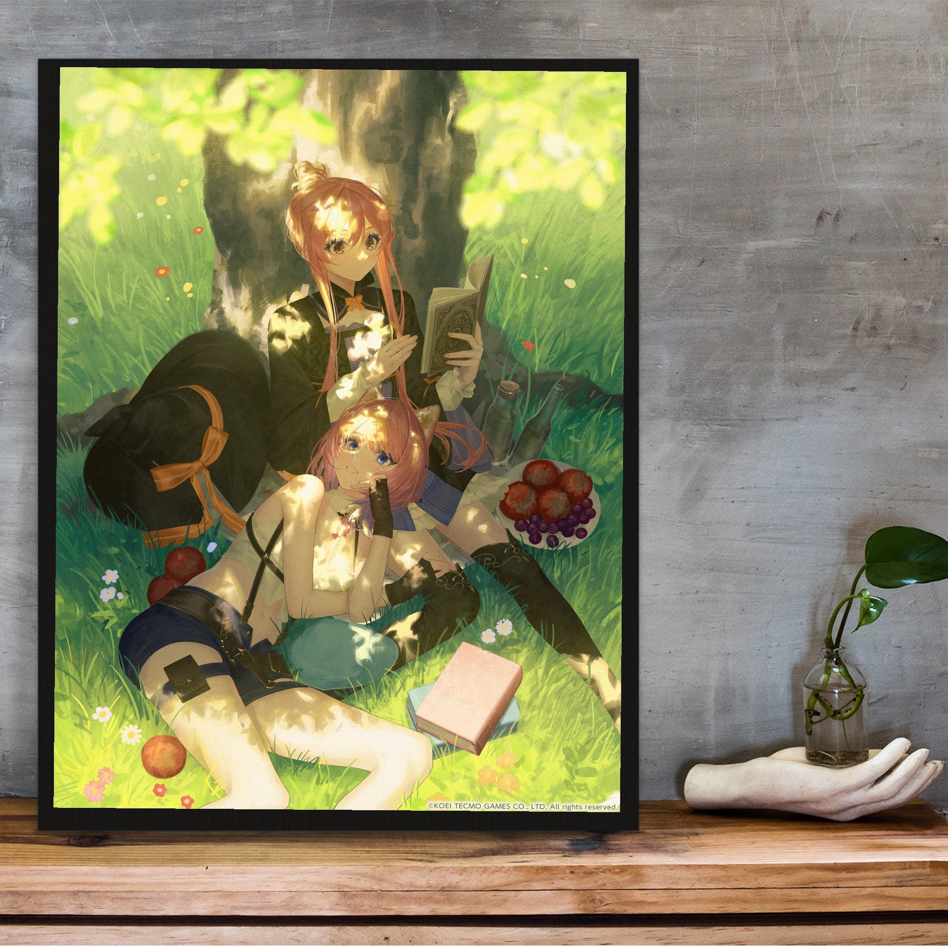 Atelier Resleriana The Red Alchemist and the White Guardian Illustration 8 in a black frame on a wooden shelf against concrete