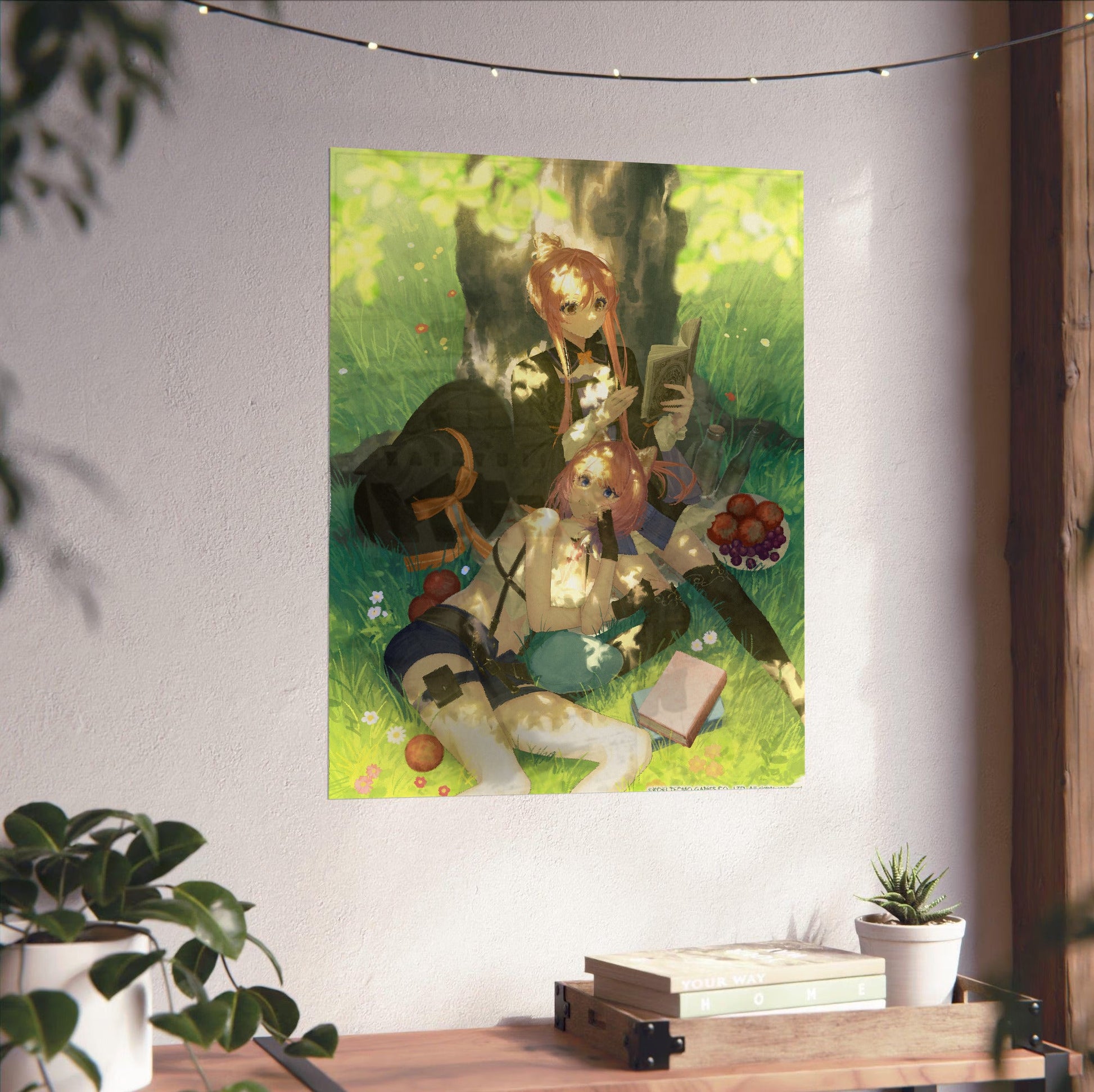 Atelier Resleriana The Red Alchemist and the White Guardian Illustration 8 unframed on a white wall above a desk