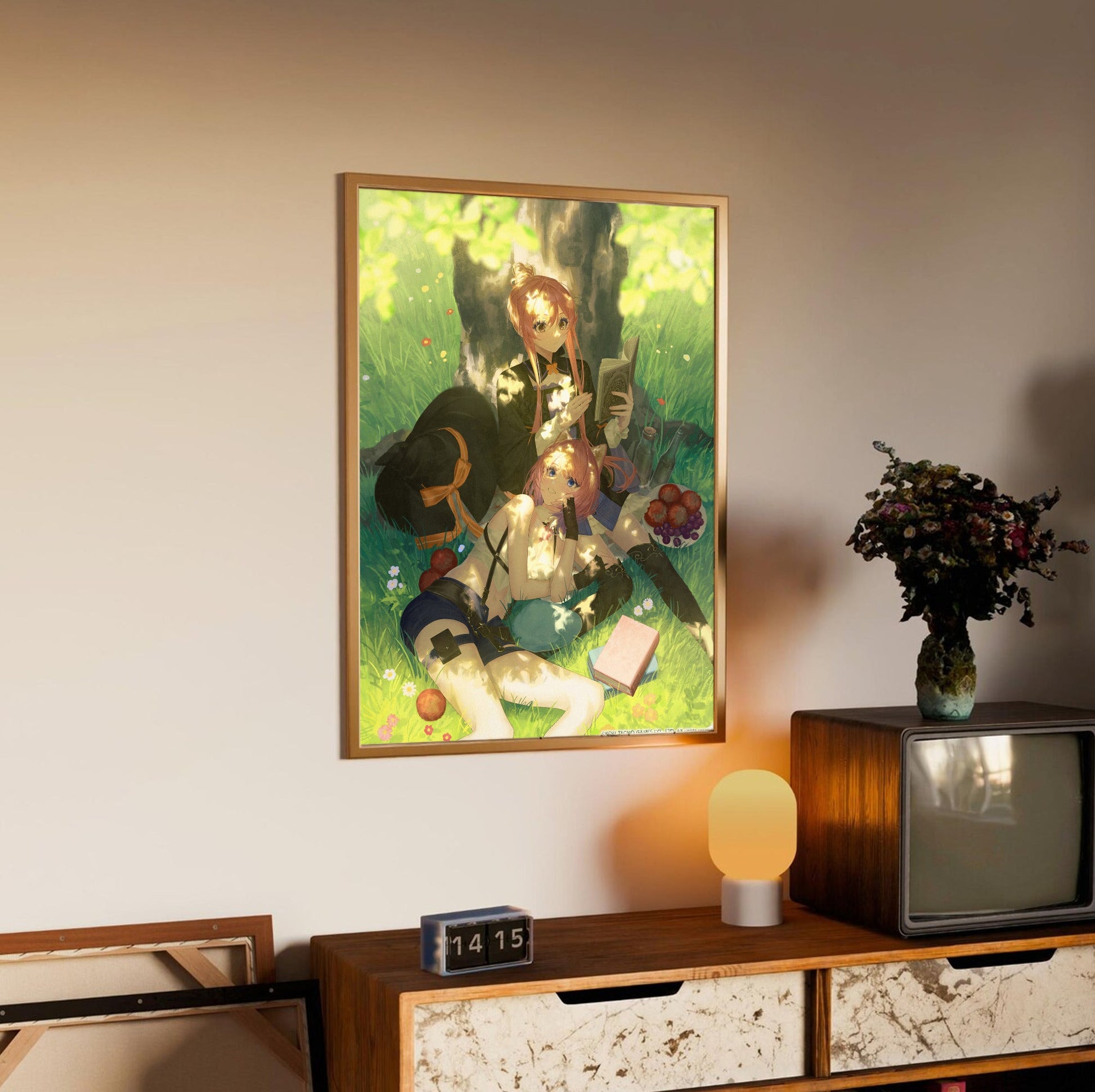 Atelier Resleriana The Red Alchemist and the White Guardian Illustration 8 in an oak frame above a sideboard