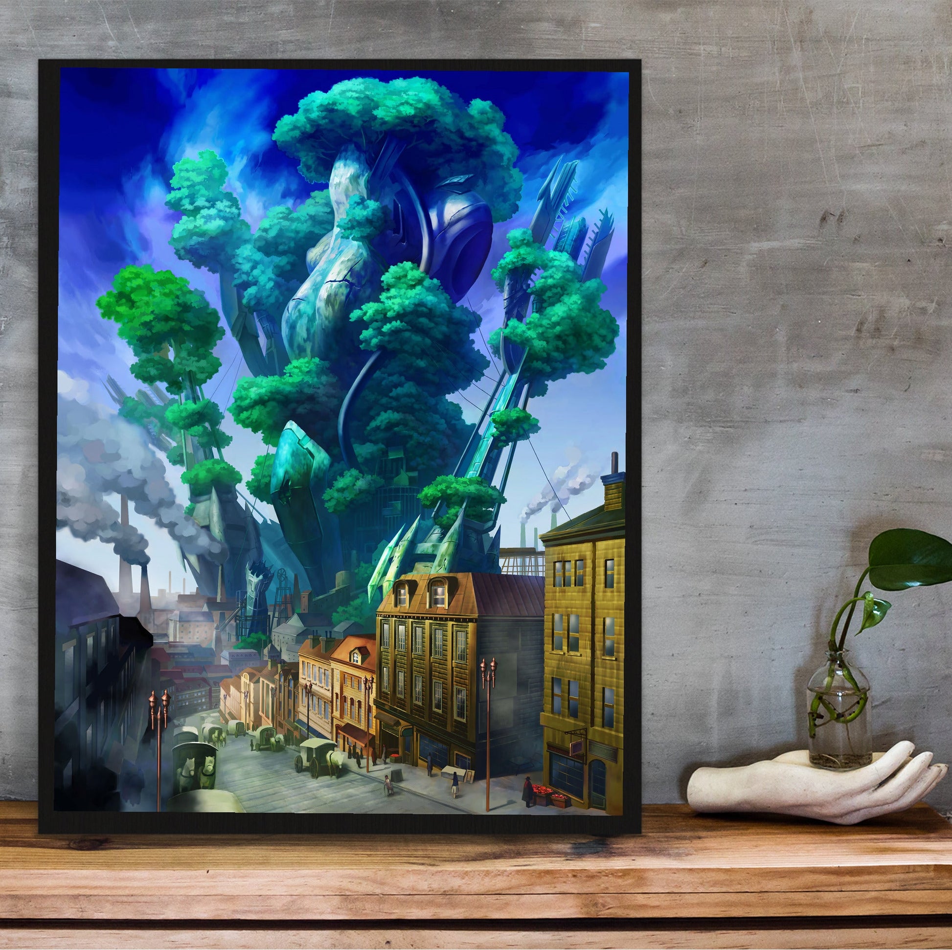 Atelier Rorona Plus The Alchemist of Arland City Visual in a black frame on a wooden shelf against concrete