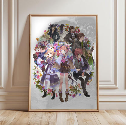 Atelier Rorona Plus The Alchemist of Arland Key Art by Mel Kishida in a light oak frame leaning against a white wall