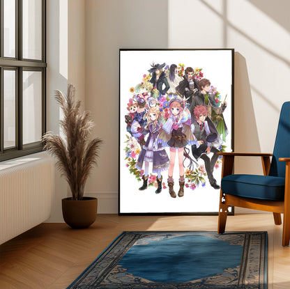 Atelier Rorona Plus The Alchemist of Arland Key Art by Mel Kishida framed beside a blue armchair in a sunlit room