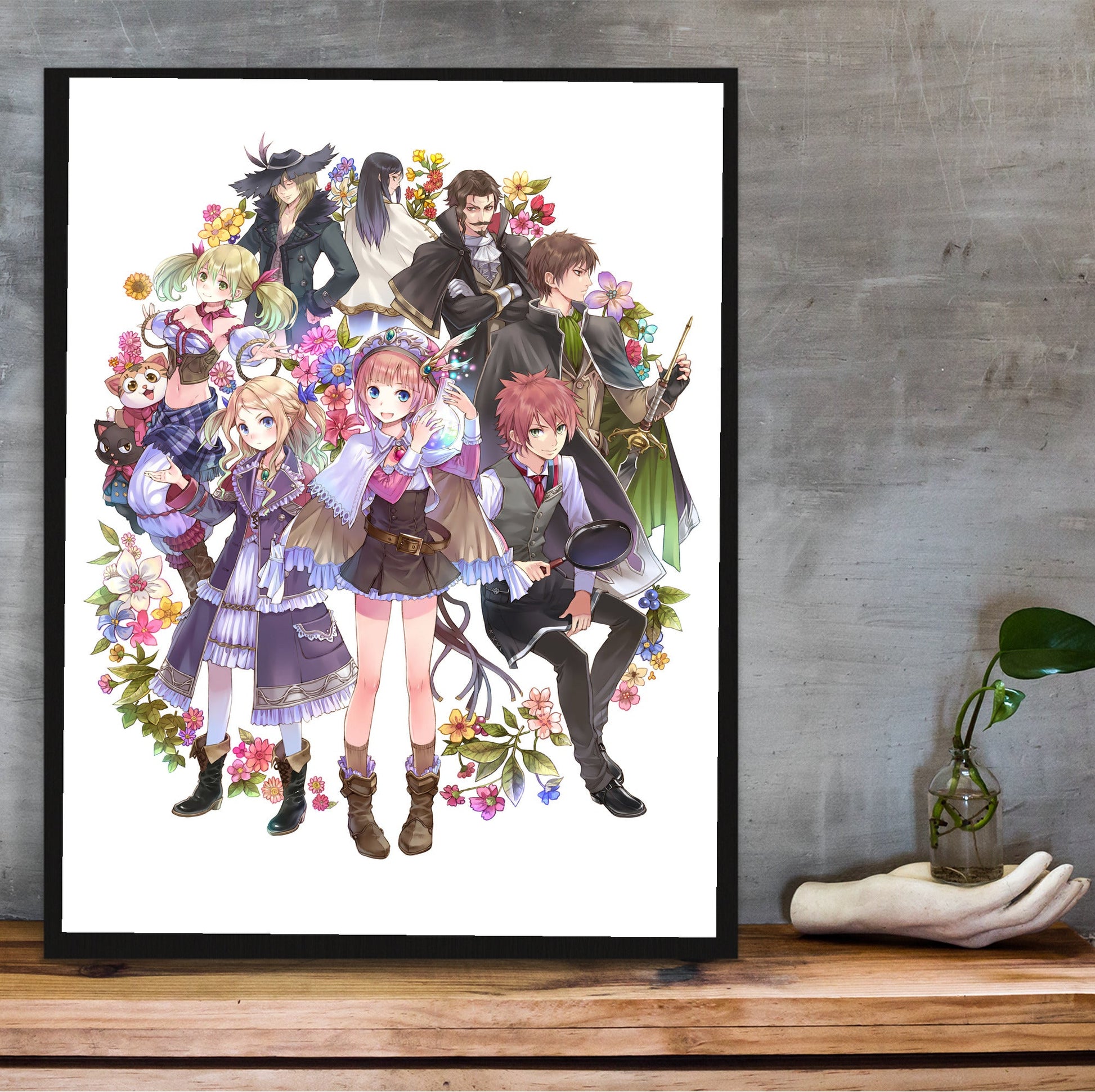 Atelier Rorona Plus The Alchemist of Arland Key Art by Mel Kishida in a black frame on a wooden shelf against concrete