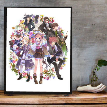 Atelier Rorona Plus The Alchemist of Arland Key Art by Mel Kishida in a black frame on a wooden shelf against concrete